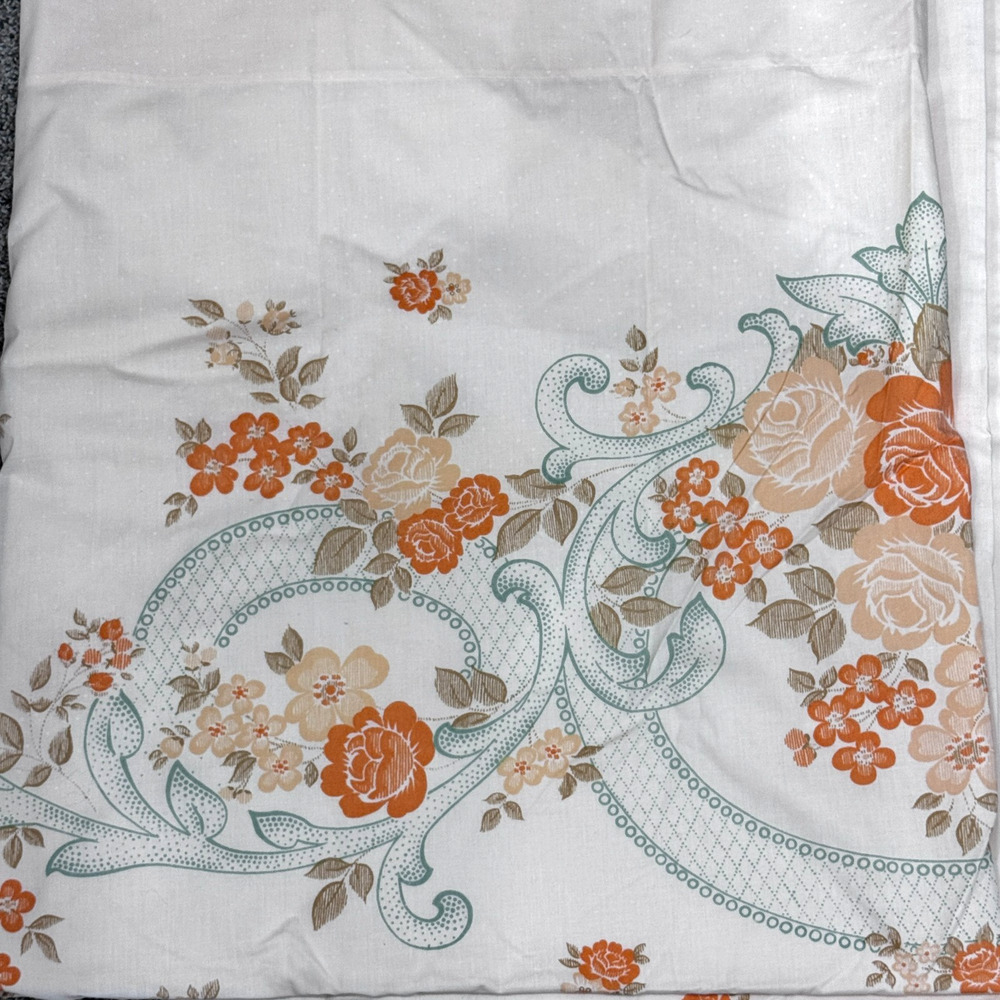 Vintage Flat Sheet Queen Size Blue Coral Orange Floral Scroll Design Smooth